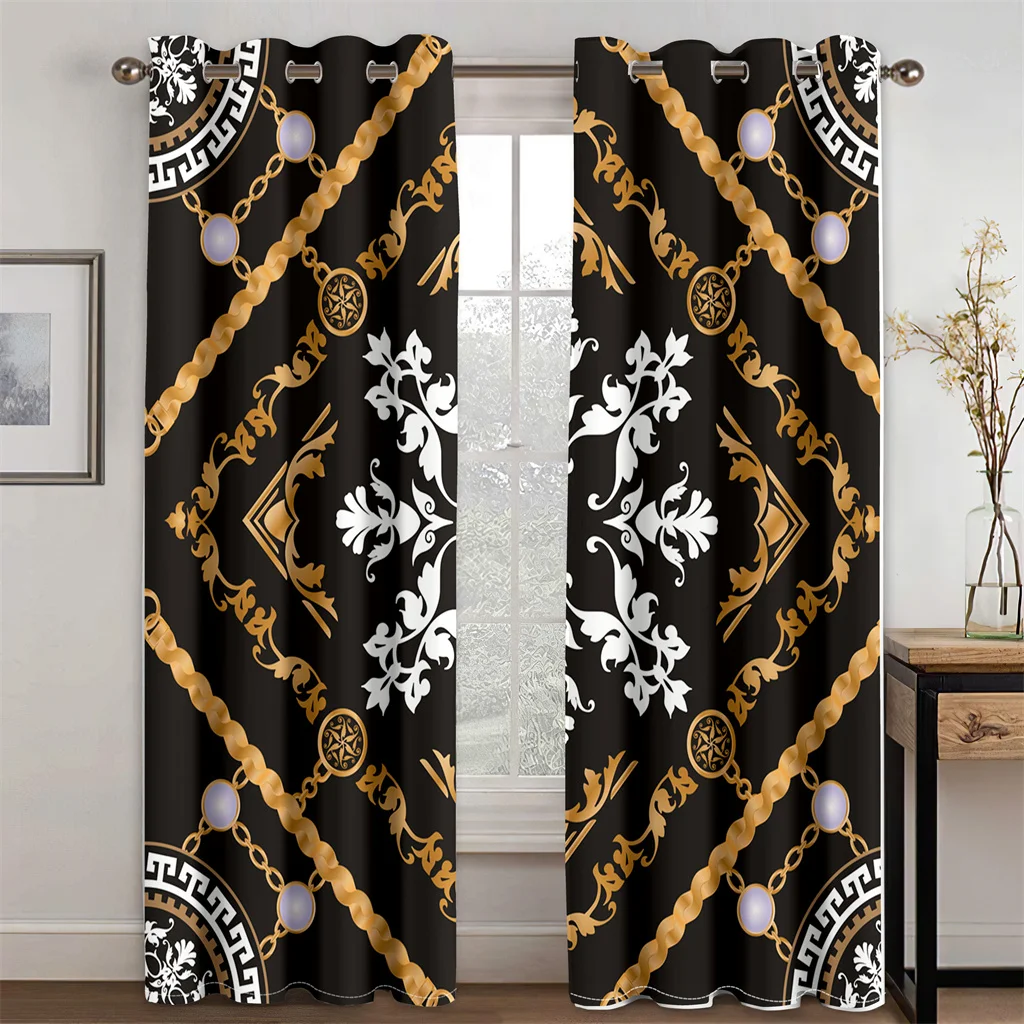 

3D Printed Cheap Modern Luxury Design Black White Gold 2 Pieces Shading Window Curtain For Home Living Room Bedroom Decor