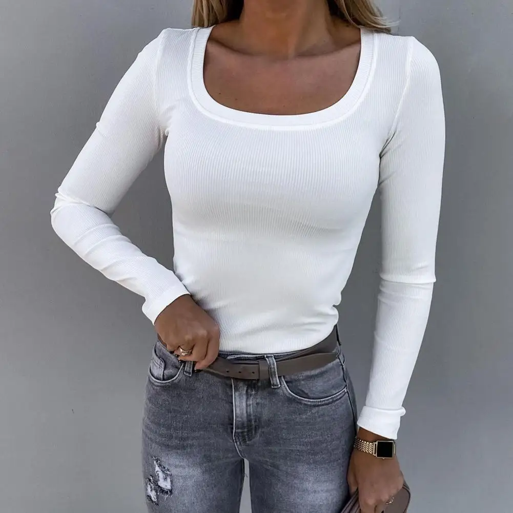 

Women Long Sleeve Sexy T-Shirt 2023 Autumn Sexy U Neck Solid Rib Knit Basic Tee Tops Slim Fashion Korean Female Pullover T-shirt