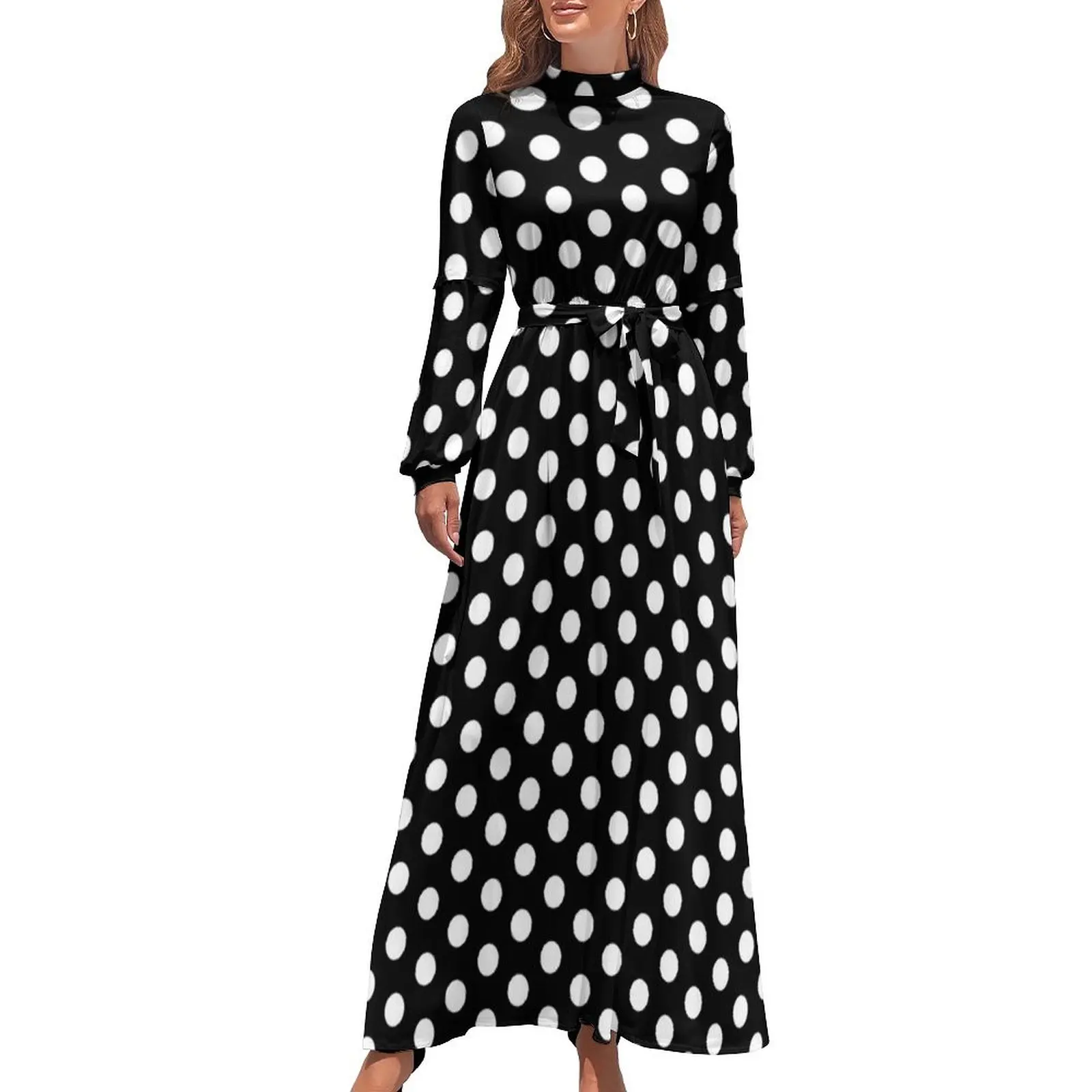 thumbnail image 1 of Vestido de lunares - Vestido largo con lunares blancos con estampado repetido Vestido de cóctel para festival para mujer, 1 of 5