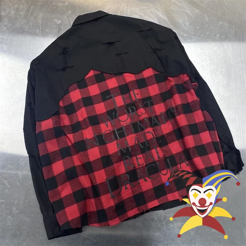 

Worn Patchwork Black Red Plaid Shirt Men Women Vintage Flannel Casual Shirts