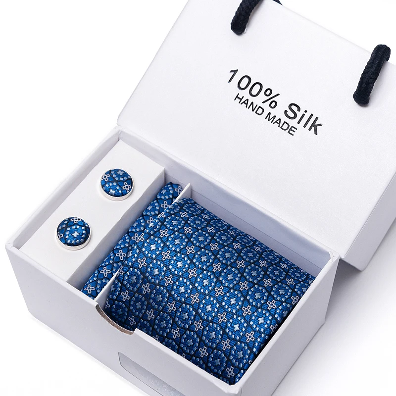 

High Grade Silk Hot sale Holiday Gift Necktie Set Tie Box Blue Man Dot Wedding Accessories Fit Workplace