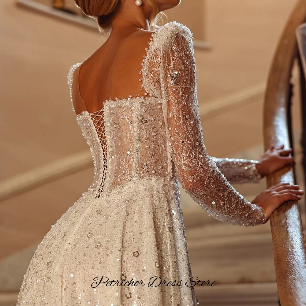 Elegant Square Collar Organza Wedding Dress Customized A-Line Long Sleeves Bridal Gowns Delicate Pearls Crystal Vestido De Novia