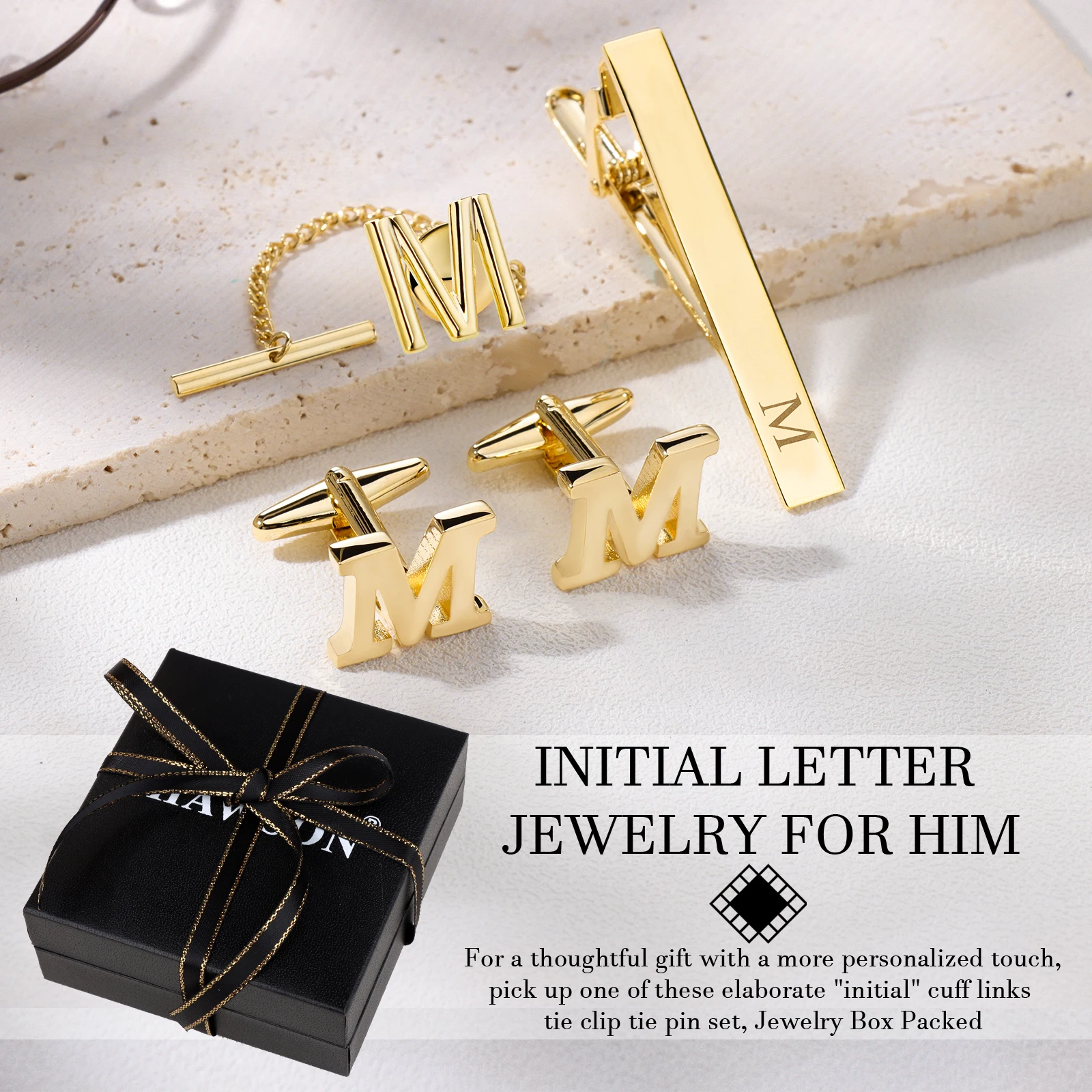 HAWSON (A-Z) Cufflinks for Men, Tie Clips for Boys, Tie Pin for Men, Gold Color Jewelry Set