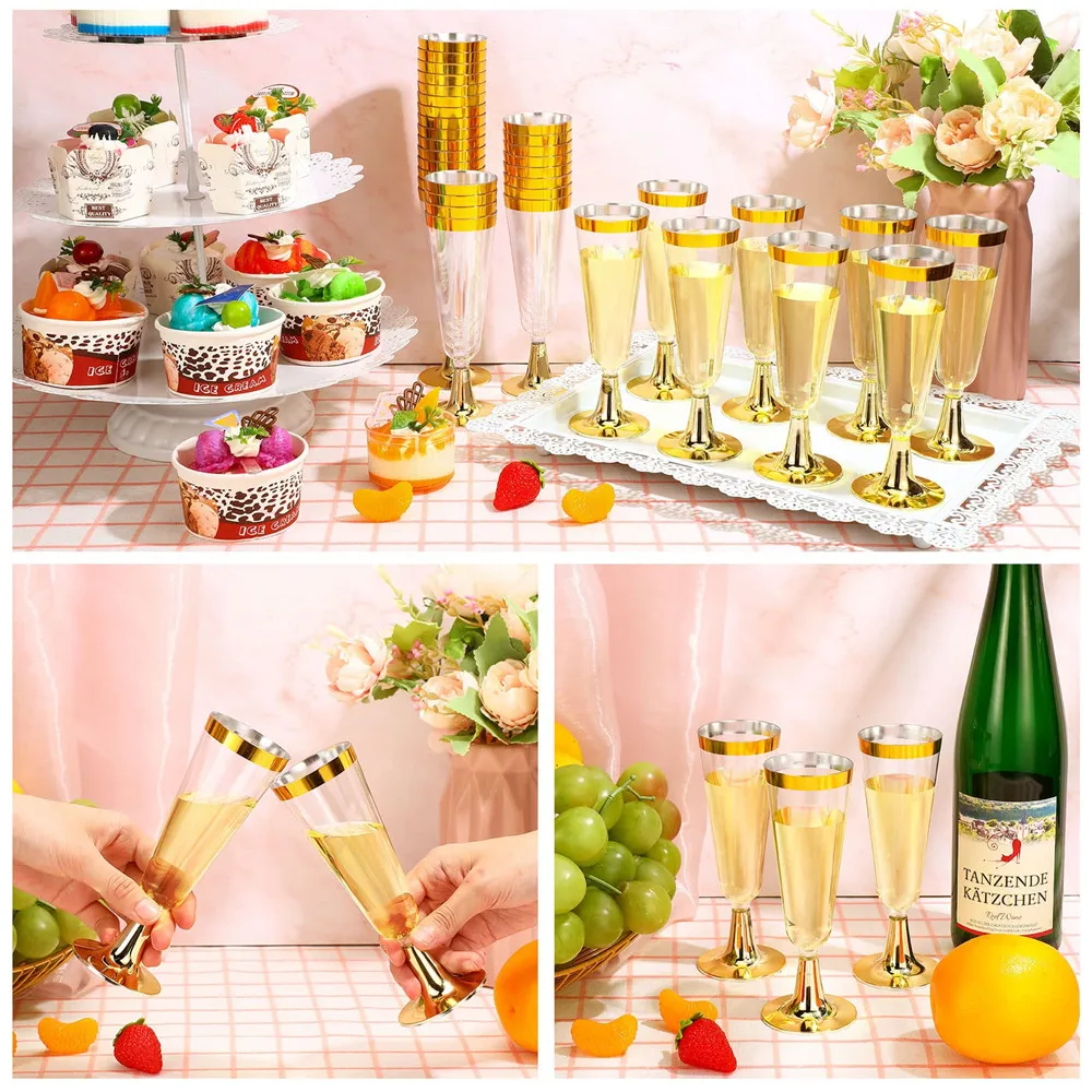 50pcs 5OZ 일회용 와인 컵 파티 플라스틱 샴페인 피리 칵테일 딸기 토스트 유리 웨딩 바 파티 캠핑