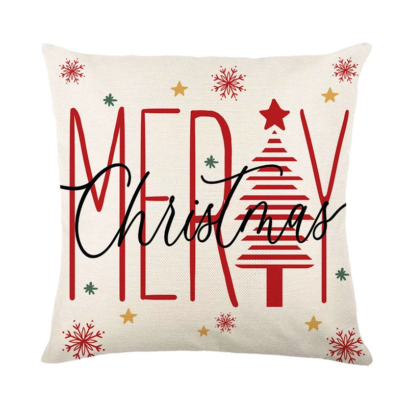thumbnail image 1 of Funda de almohada de lino con diseño de Feliz Navidad, 45 x 45 cm, decoración navideña de invierno para el hogar, funda de cojín con diseño de árbol y ciervo para sofá, 1 of 5