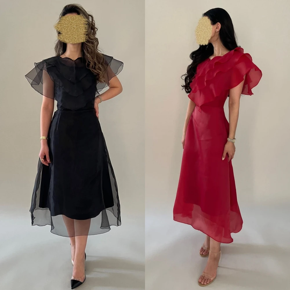 Jiayigong  Satin Draped Ruffles Tiered Wedding Party A-line V-Neck Bespoke Occasion Gown Midi Dresses