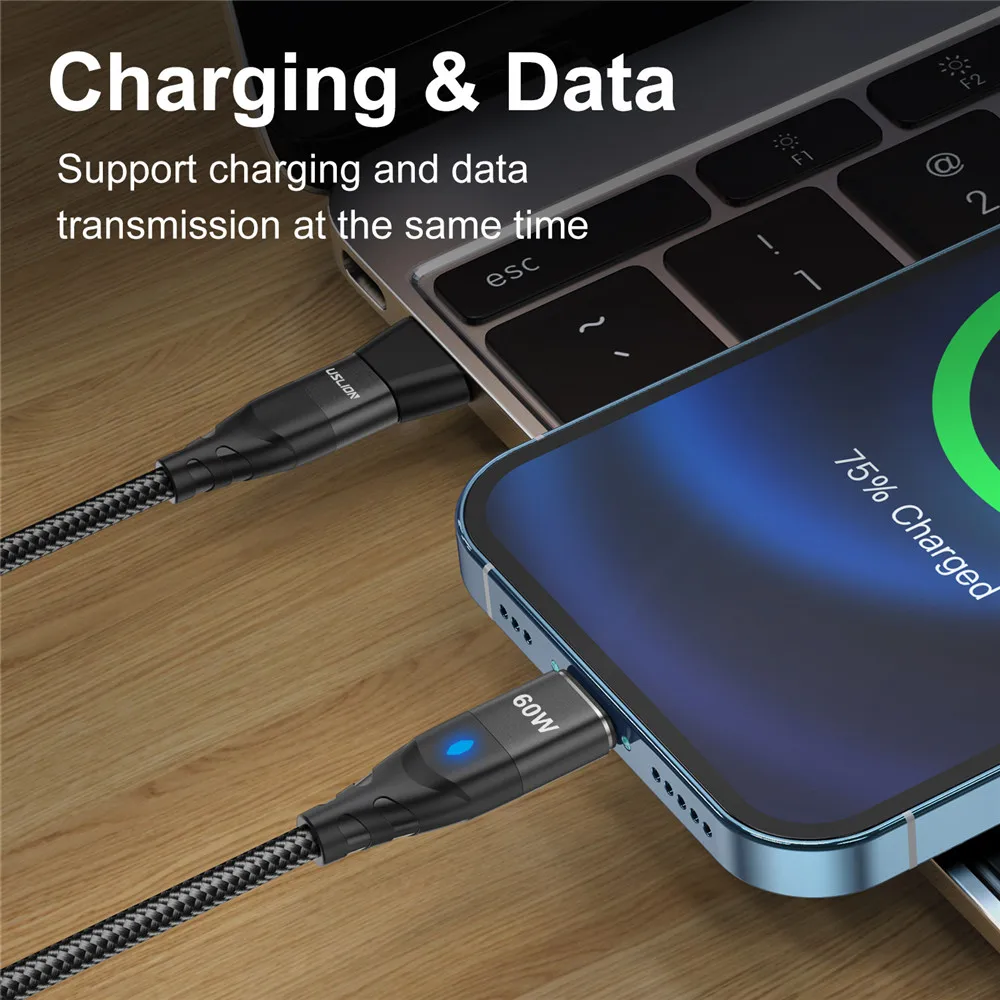 USLION 60W USB C to USB C Magnetic Cable Super Fast Charging Wire QC 3.0 Type C to Micro USB Cord With USB C to USB A Convertor