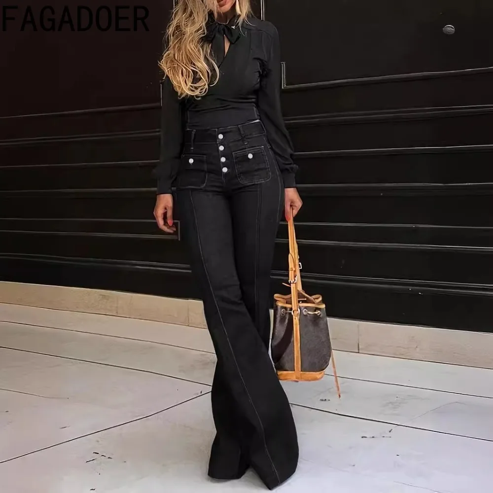 FAGADOER Spring New Denim High Waisted Button Flared Pants Women Solid Color Pocket Skinny Jean Trousers Fashion Cowboy Bottoms