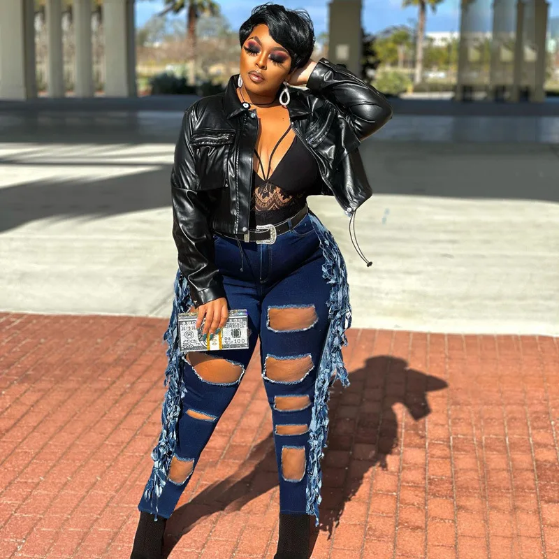 

Plus Size Women Jean Patchwork Ripped Tassels Denim Pant 2023 Summer Casual Sexy Club Clothing Lady Fashion Outfits Wholesale