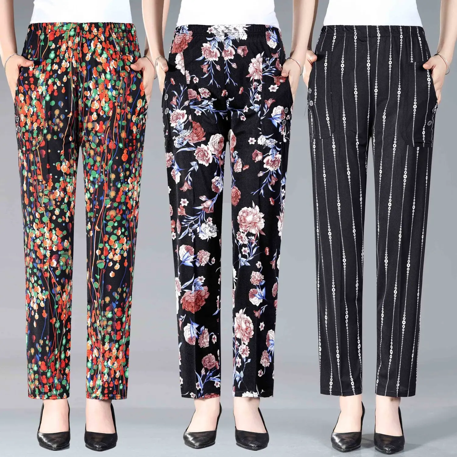 Middle-aged And Elderly Women's Pants 2024 Summer Thin High Waisted Elastic Mom's Floral Printed Trousers 4XL