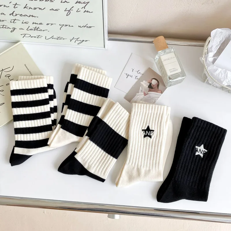 Minimalist Black & White Striped Women's Cotton Socks with Embroidered Pentagram (5 Pairs)