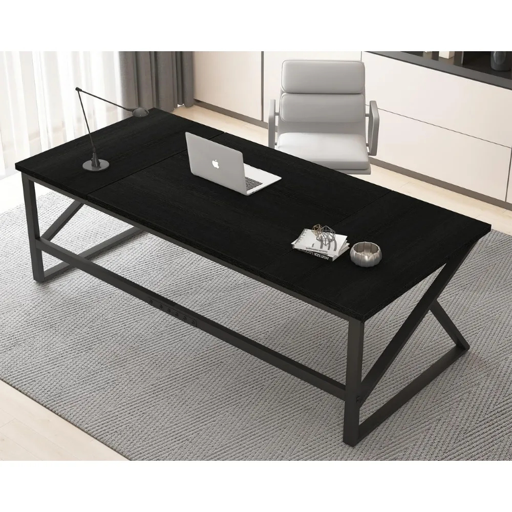 70 Inch Long Black Desk, Large Metal Wood Computer Desk for 2 Monitors, Modern Home Office PC Laptop Desk for 2 People