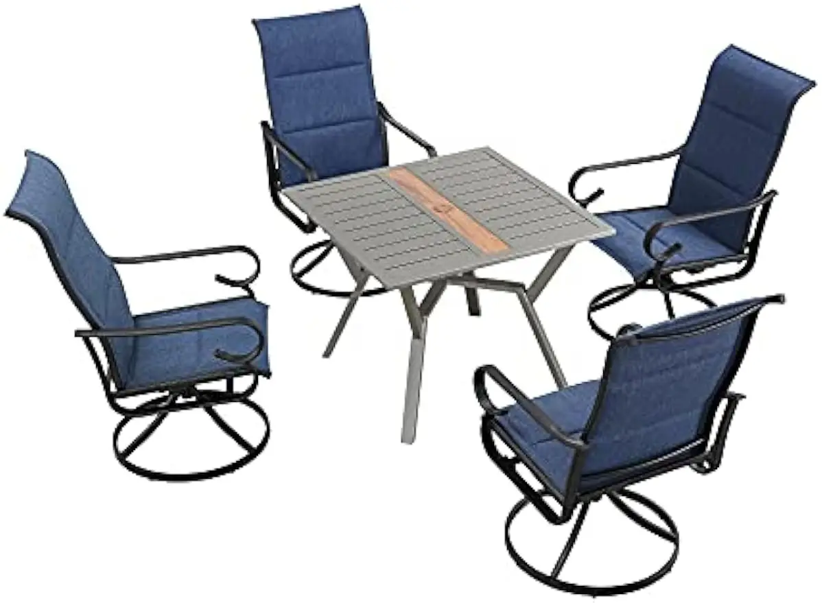 

LOKATSE HOME 5 предметов, внешняя мебель, 4 синие поворотные стулья Teslin с квадратным столом 36 дюймов с отверстием для зонта