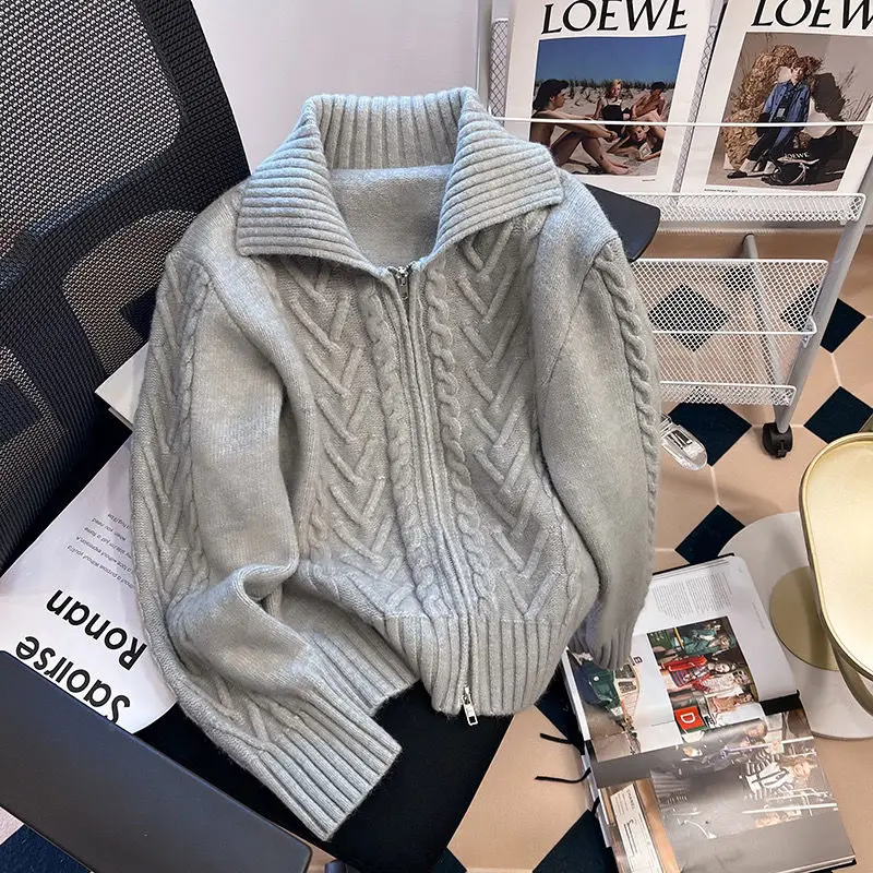

Women Grey Texture Zippered Sweater, Small Group Wearing, Lazy Style Knitted Cardigan, Autumn and Winter Outerwear, Design Sense