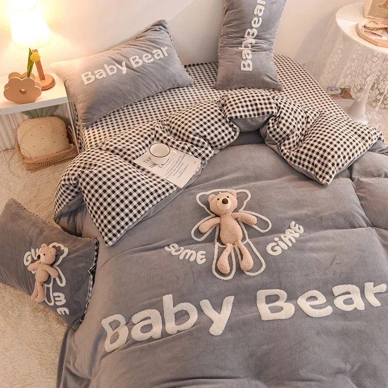 

Warm Soft Velvet Flannel Fleece Cute Stereoscopic Toy Bear Bedding Set Double Duvet Cover Set Bed Sheet Pillowcases Home Textile