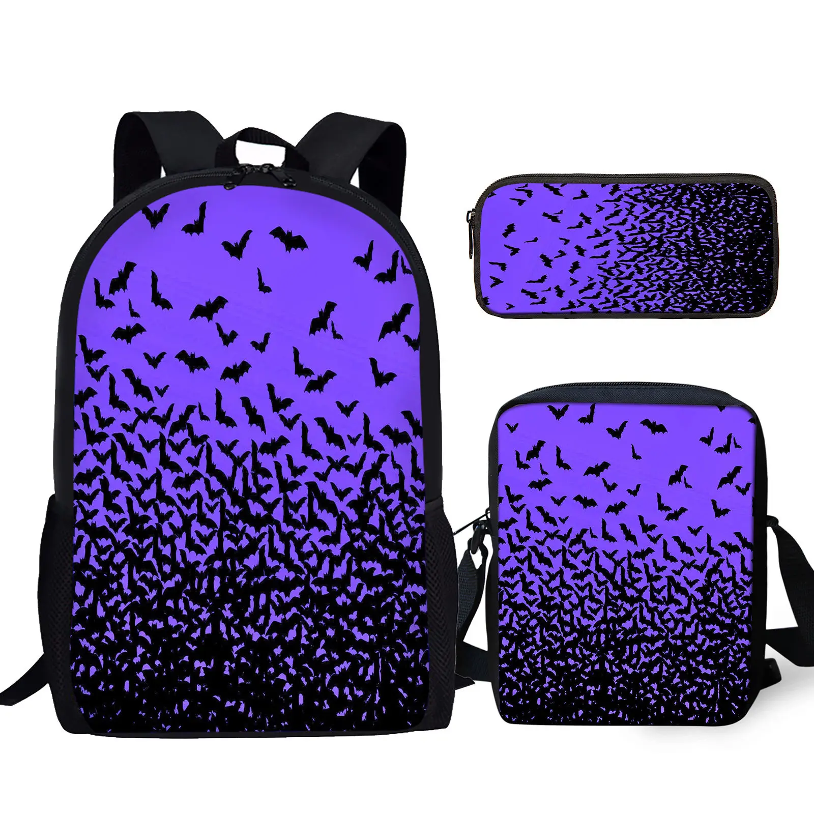 

YIKELUO 3D Фиолетовый летучая мышь печать 3 шт. Студенческая стандартная прочная сумка для ноутбука игровая искусственная сумка карандаш на заказ