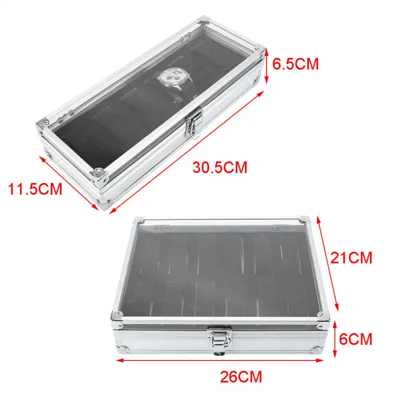 6 /12 Grid Card Slot Watch Safe Exhibition Box Jewelry Watches Aluminium Alloy Storage Case Transparent Watch Stand Box Display