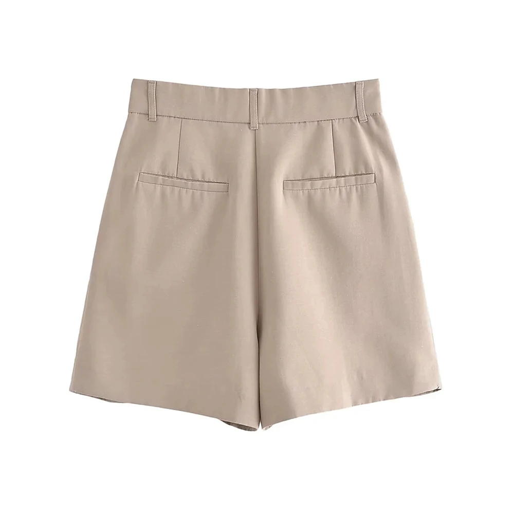 TRAF Women Fashion Side Pockets Linen Bermuda Shorts Vintage High Waist Zipper Fly Female Casual Short Pants Mujer Collocation