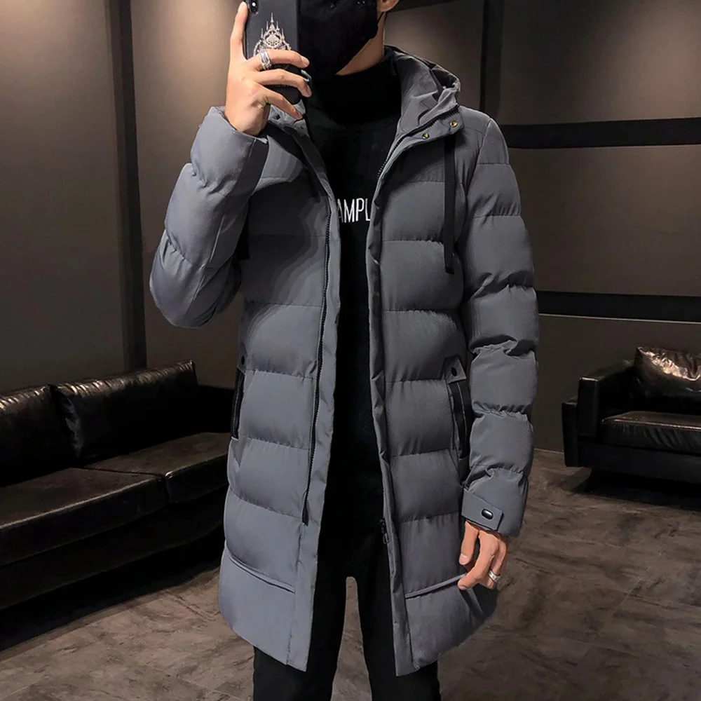 Men Outdoor Casual Fashion Solid Color Slim Hooded Zip Long Thick Warm Coat Long Simple Down Cotton Padded Male Windproof Coats gothic men cloak coats hooded solid loose windproof men s trench coat men chic winter long cape poncho