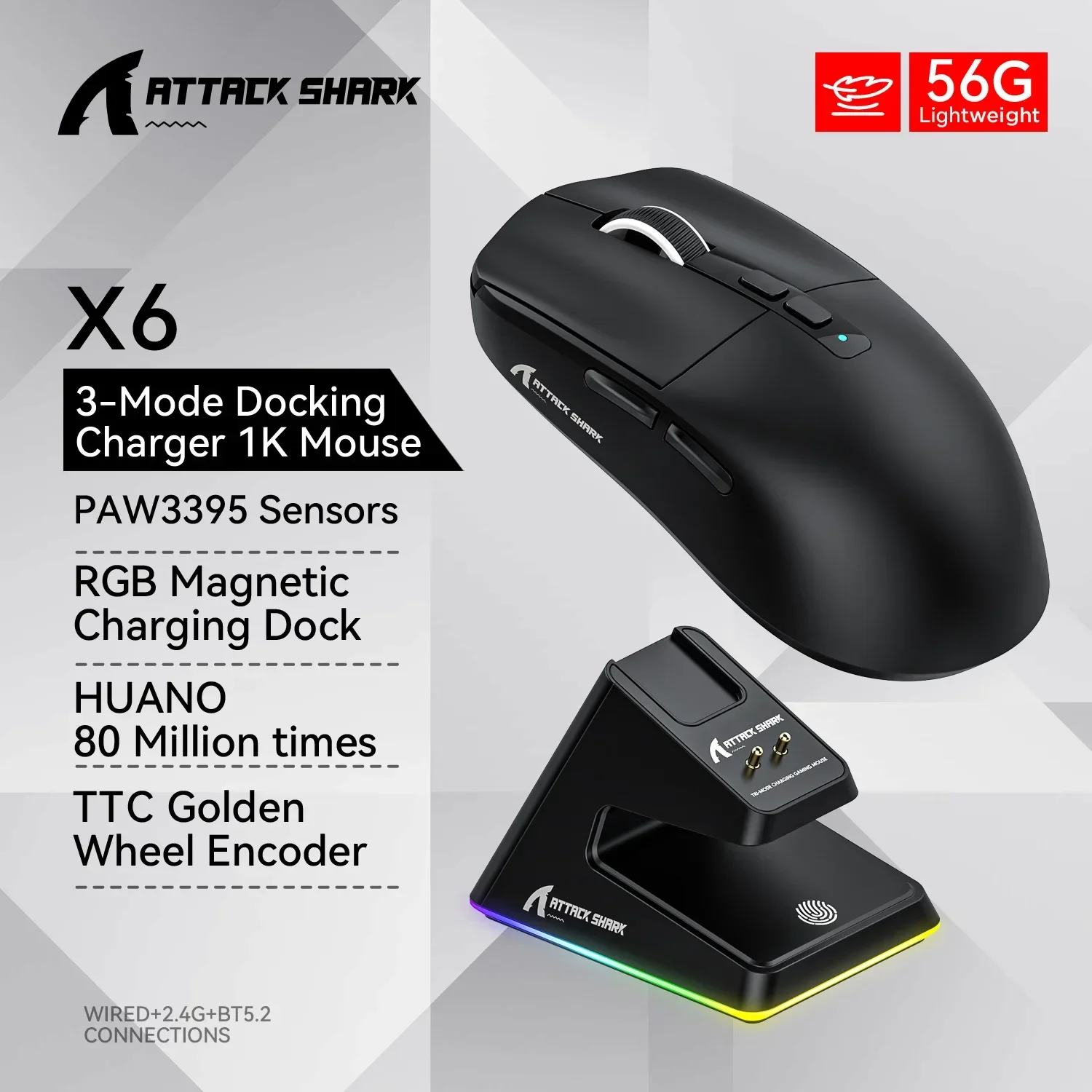 

Attack Shark X6 Bluetooth Mouse , RGB Touch Magnetic Charging Base, PixArt PAW3395, Tri-Mode Connection,Macro Gaming Mouse