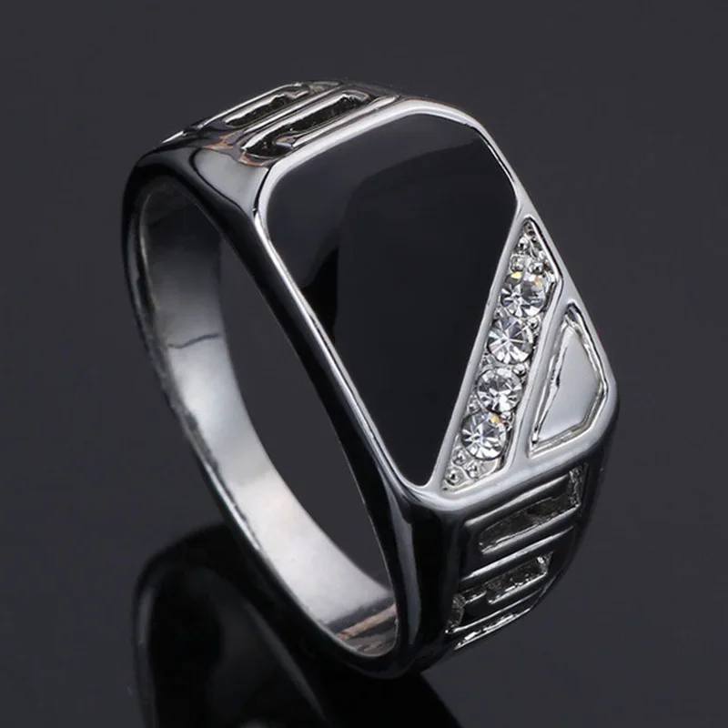 Rhineston Rings Men Fashion Jewelry Gold/Silver-Color Black Enamel Titanium Stainless Finger Ring Size 5-12