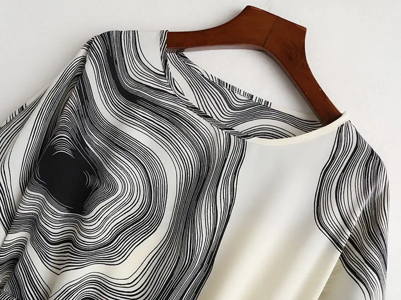 Schwarzer Wirbel gestreifter Druck Vintage Chiffon O-Ausschnitt Kurzarm Schnürung Frauen Bluse Hemd weibliche Tops Frau Kleidung Mode – Detail 7