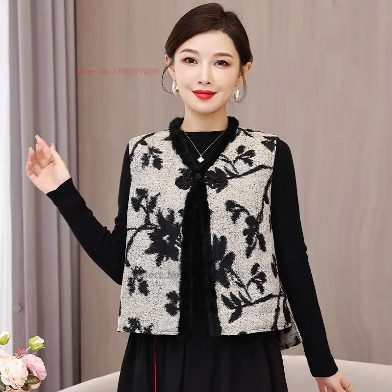 

2024 chinese vintage thicken vest vintage flower jacquard cotton-padded vest chinese retro tang suit sleeveless jacket waistcoat