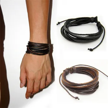 Hot Sell 100% Hand-Woven Fashion Jewelry Wrap Multilayer Leather Braided Rope Wristband Men Bracelets & Bangles For Women