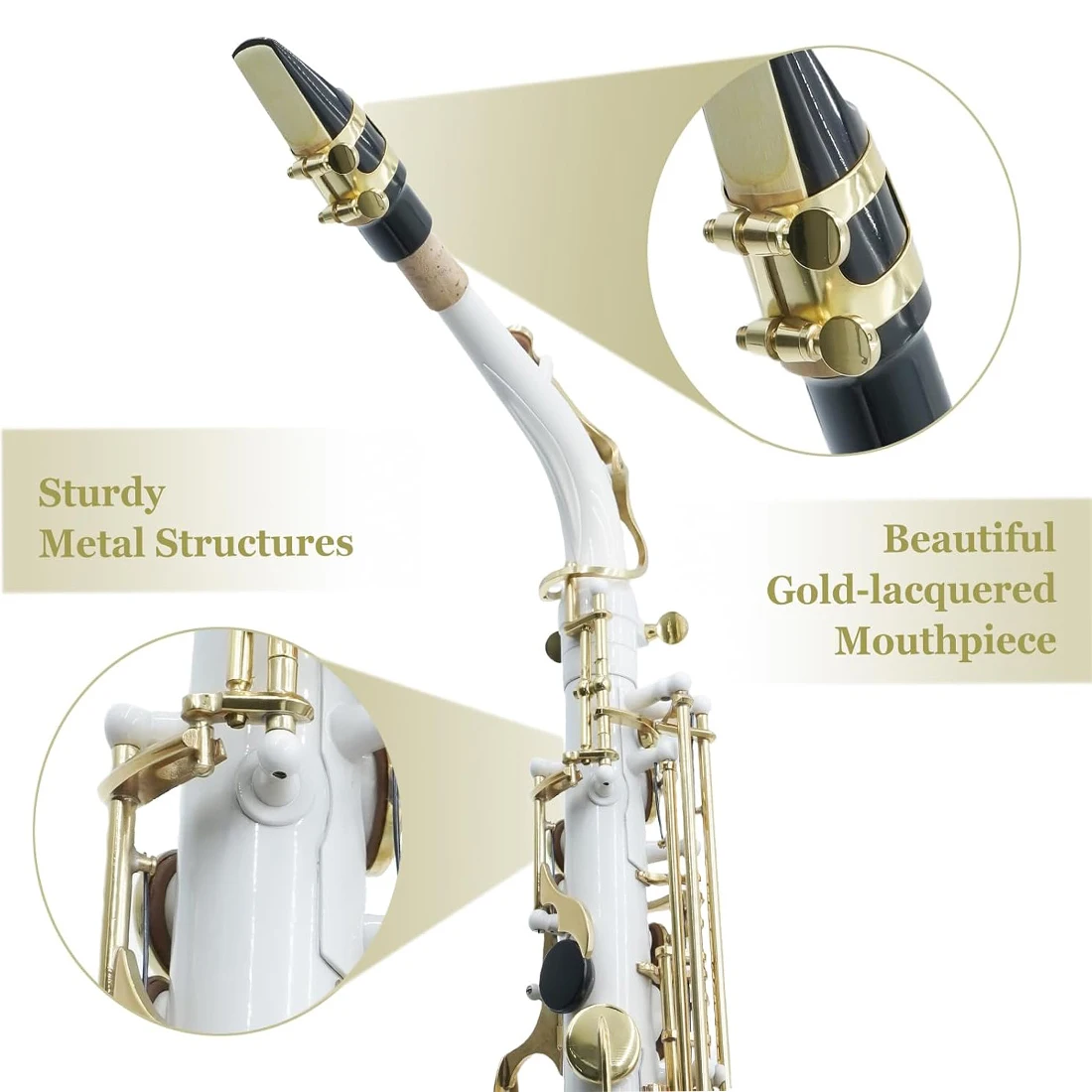 SLADE White Gold Key Alto Saxophone E Flat Saxophone Complete Set for Beginners Students with Box Cleaning Cloth Gloves Strap