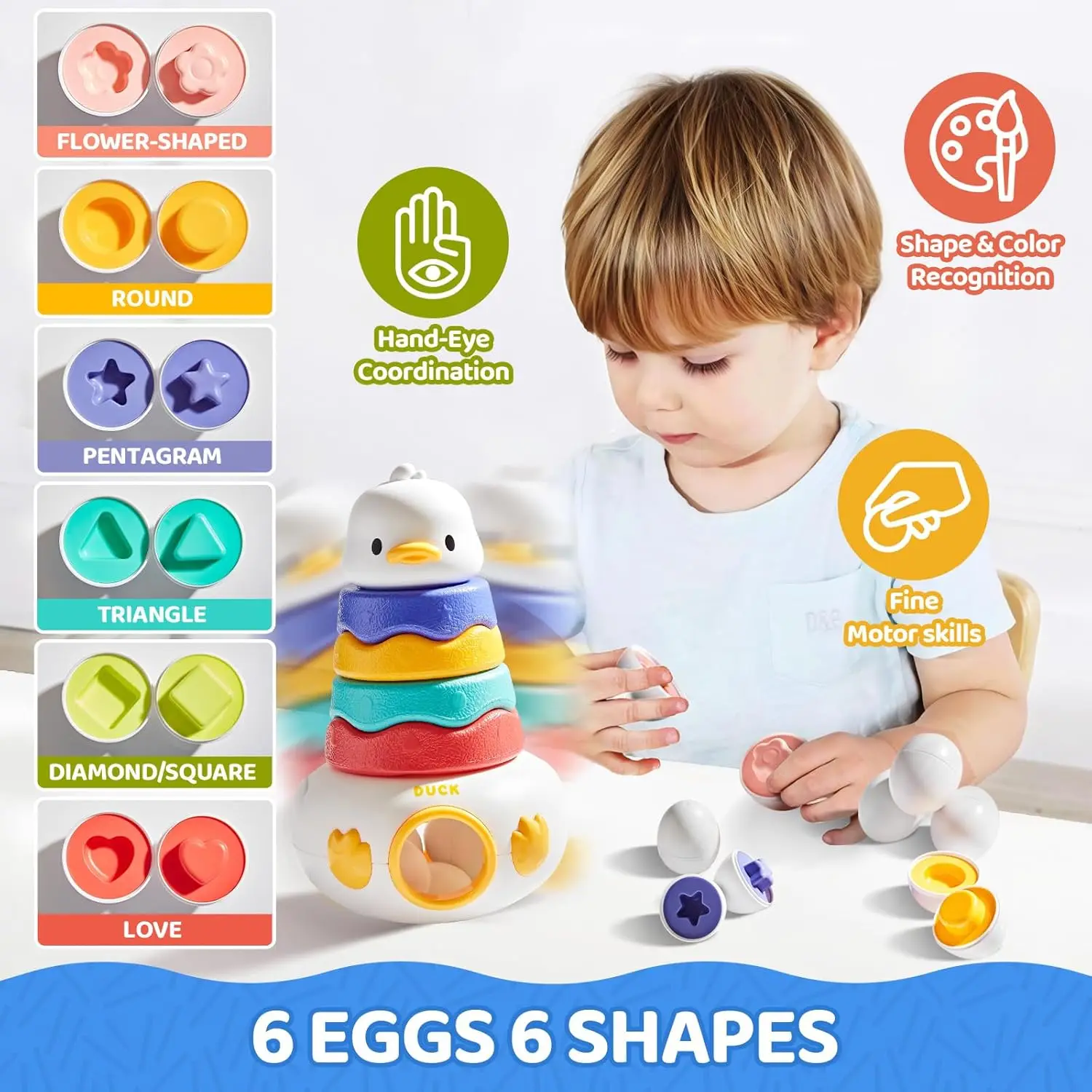3-in-1 Easter Matching Eggs Toy for 1-3 Year Baby Color Shape Egg Sorting Game Duck Tumbler Stacking Educational Montessori Toys
