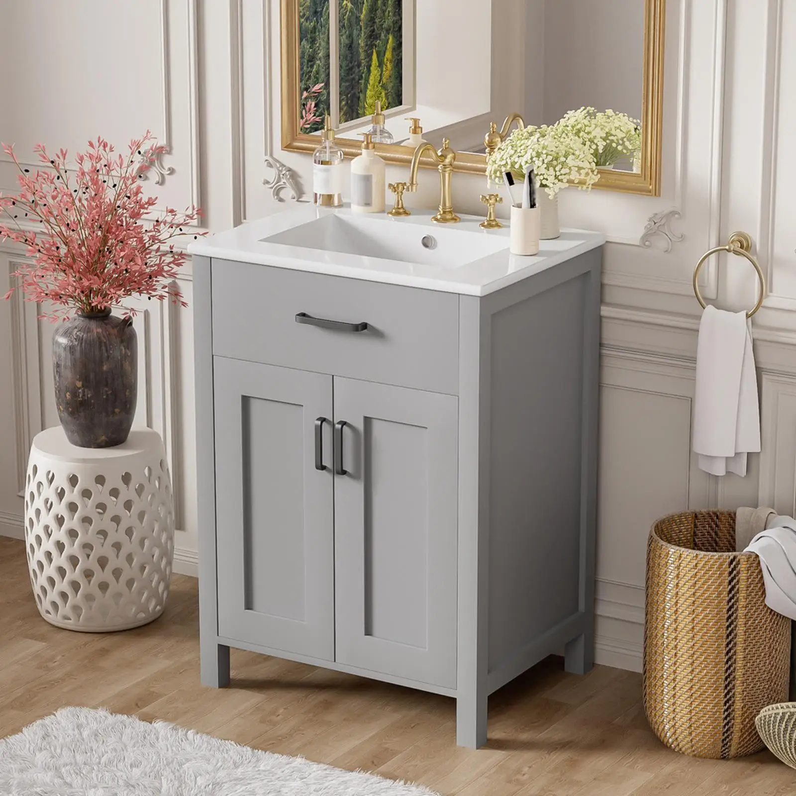 Grey Solid Wood Bathroom Vanities Ceramic Sink Combo Space Saving Doors Cabinet Set for Small Contemporary Bathrooms