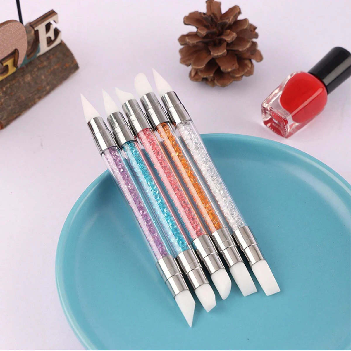 5Pcs Nail Art Silicone Dotting Pen Carving Painting Embossing Pen UV Gel Polish Dual-Head Mirror Powder Sculpture Manicure Tools 2