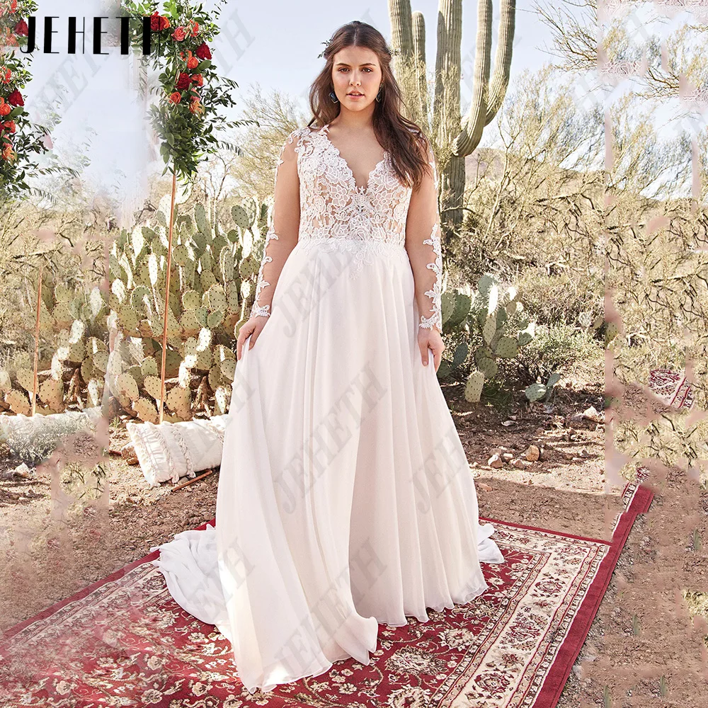 

JEHETH Elegant Wedding Dress With Long Sleeves V-Neck Illusion Bride Gowns Applique A-Line Chiffon Plus Size vestidos de novia