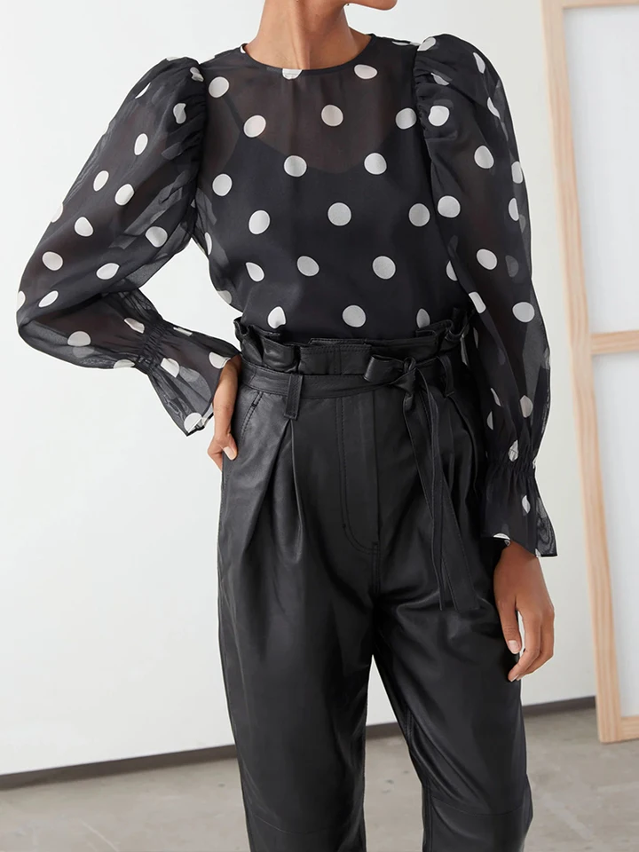 Sheer Puff Sleeve Polka Dot Blouse for Women Elegant See Through Long Sleeve  Casual Vintage Shirt Round Neck Mesh Blouse 2024 - AliExpress