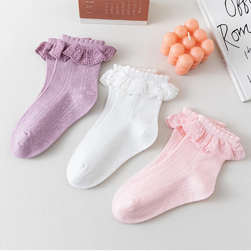 3Pairs/set Kids Girls Ankle Sock Princess Ruffle White Lace Calf Sock for Baby Spring Autumn Cotton Soft Frilly Children Socks