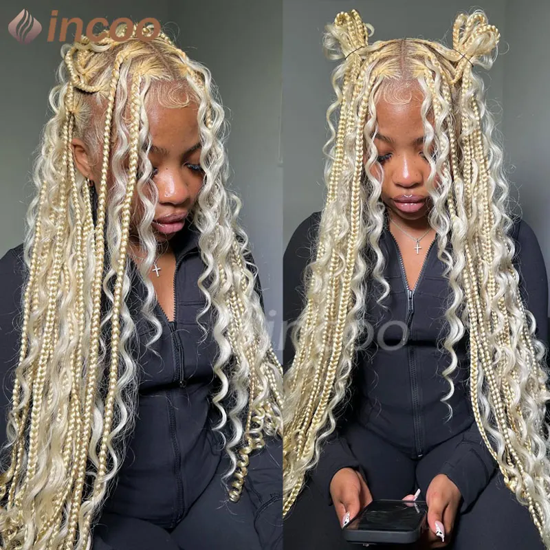 

Synthetic Boho Box Braided Wigs Bohemia Braided Wig Honey Blonde 613 Colored Full Lace Front Wig Curly Ends Square Part Knotless