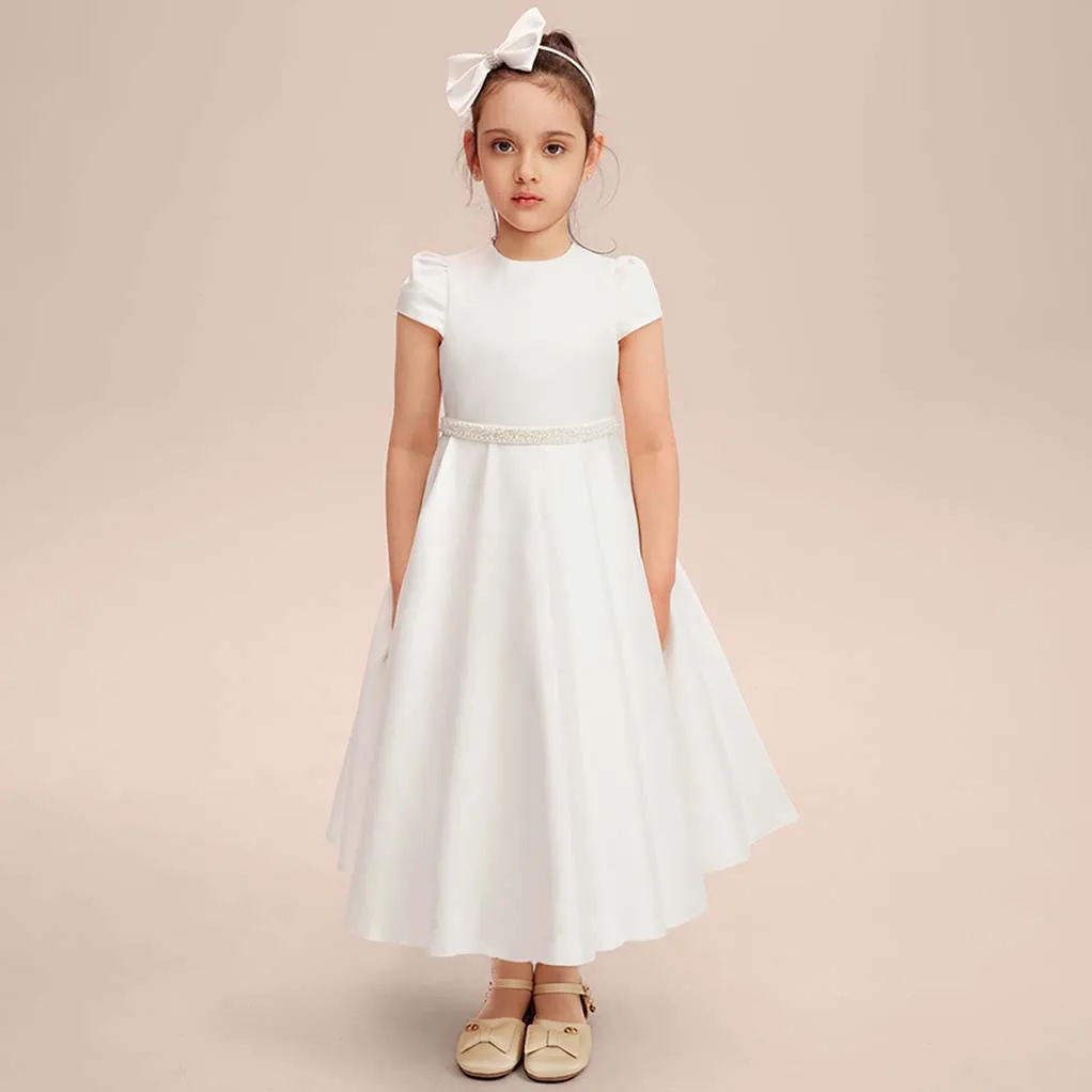 A-line Scoop Floor-Length Satin Pageant Party Flower Girl Dress for Kids Wedding Bridesmaid Birthday Party Formal Princess Gown