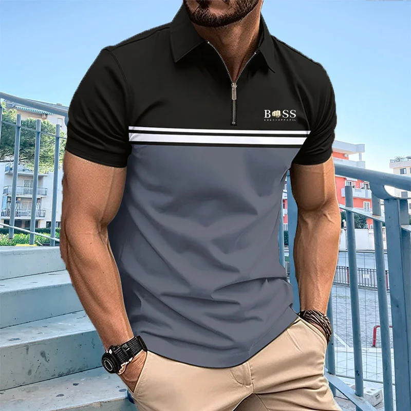 

Hot selling men's summer short sleeved contrasting lapel zippered polo shirt, men's slim fit sports golf polo shirtpolyester top