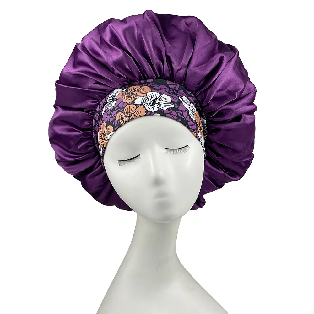Women Satin Bonnet Floral Print Spandex Wide Stretchy Band Bonnet Satin Cheveux Nuit Silk Sleeping Night Cap Bonnets for Women 6