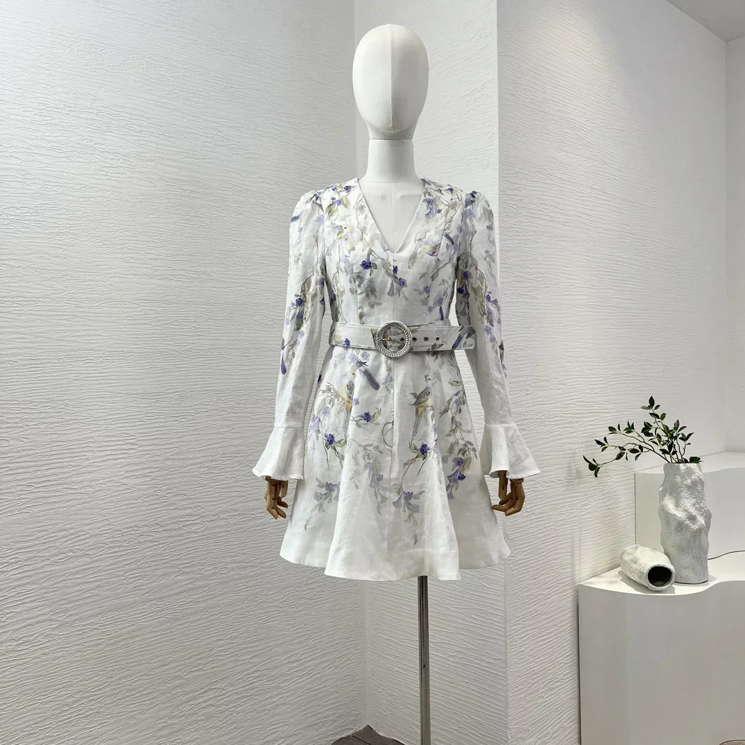 

Женское льняное мини-платье с поясом, длинным рукавом-колокольчиком и цветочным принтом синей птицы, 2024