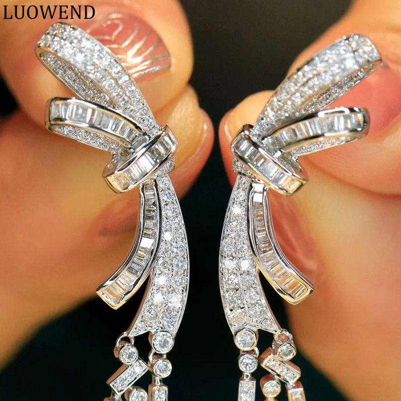 LUOWEND 18K White Gold Earrings Luxury Bowknot Tassel Shape Real Natural Diamonds 1.26carat Drop Earring for Women Party Fine