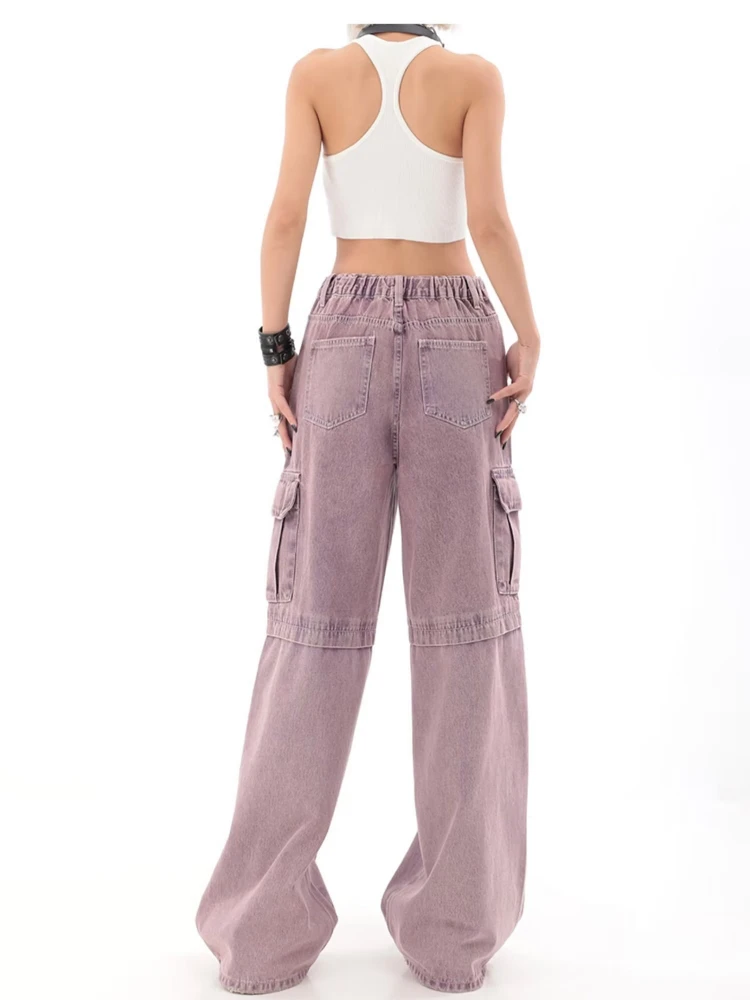 thumbnail image 1 of Pantalones vaqueros para mujer, estilo safari, estilo americano, retro, morado, con bolsillos, combinables, elegantes, para verano, holgados, para estudiantes., 1 of 5