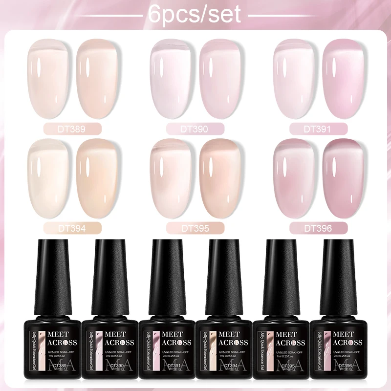 MEET ACROSS 6Pcs/Set Jelly Nude Pink Black Quick Extension Gel Nail Polish Transparent Finger Prolong Construction Nail Art Gel 3