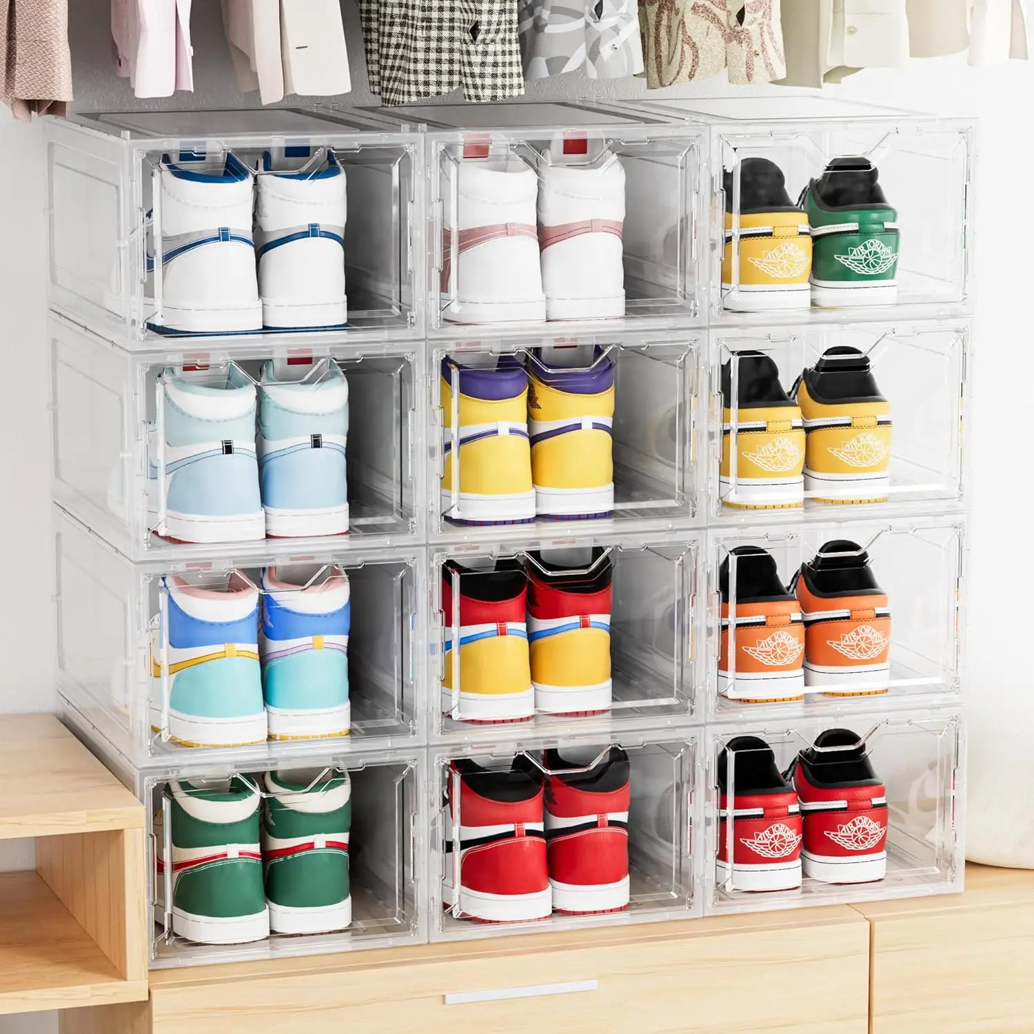 

12 Pack Thicken Shoe Storage Organizer, Clear & Sturdy Shoe Boxes Stackable for Closet, Foldable Space-saving Bins