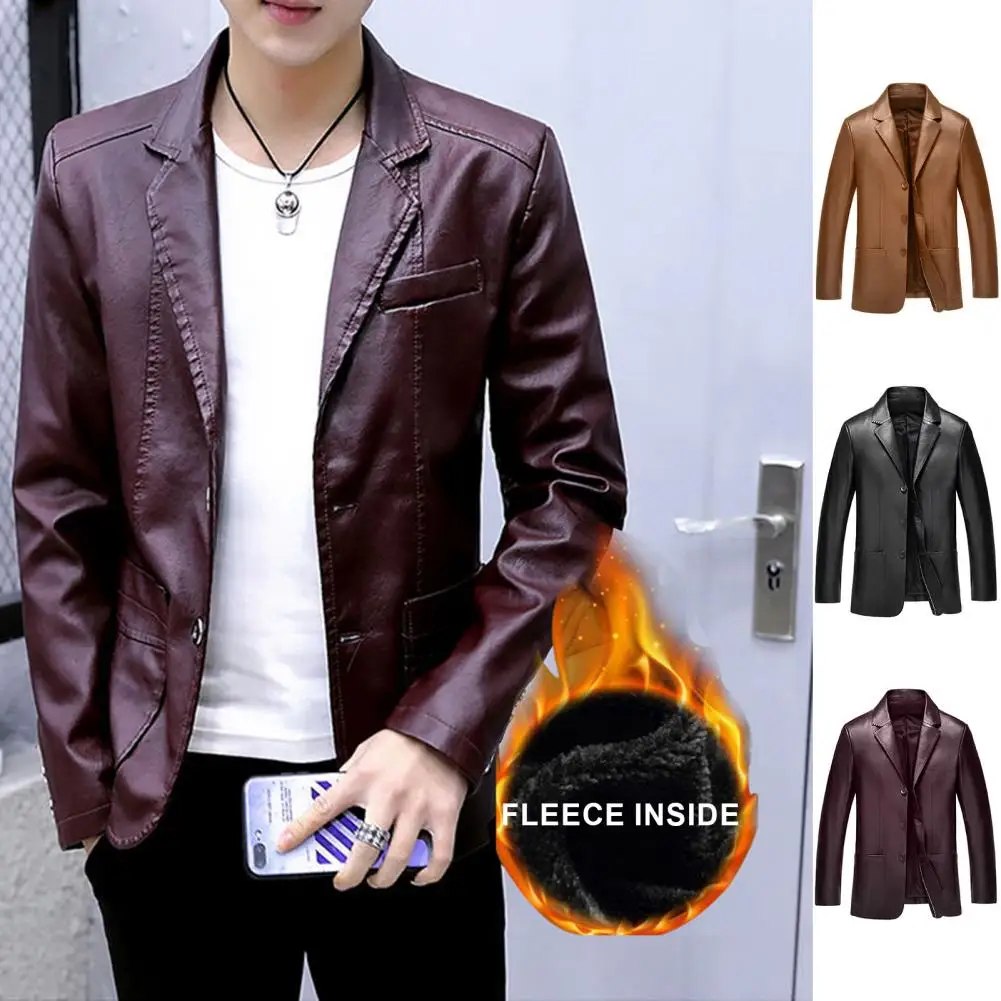 

Men Suit Jacket Stylish Men's Windproof Suit Coat with Plush Collar Single-breasted Design Multiple Pockets for Fall Spring