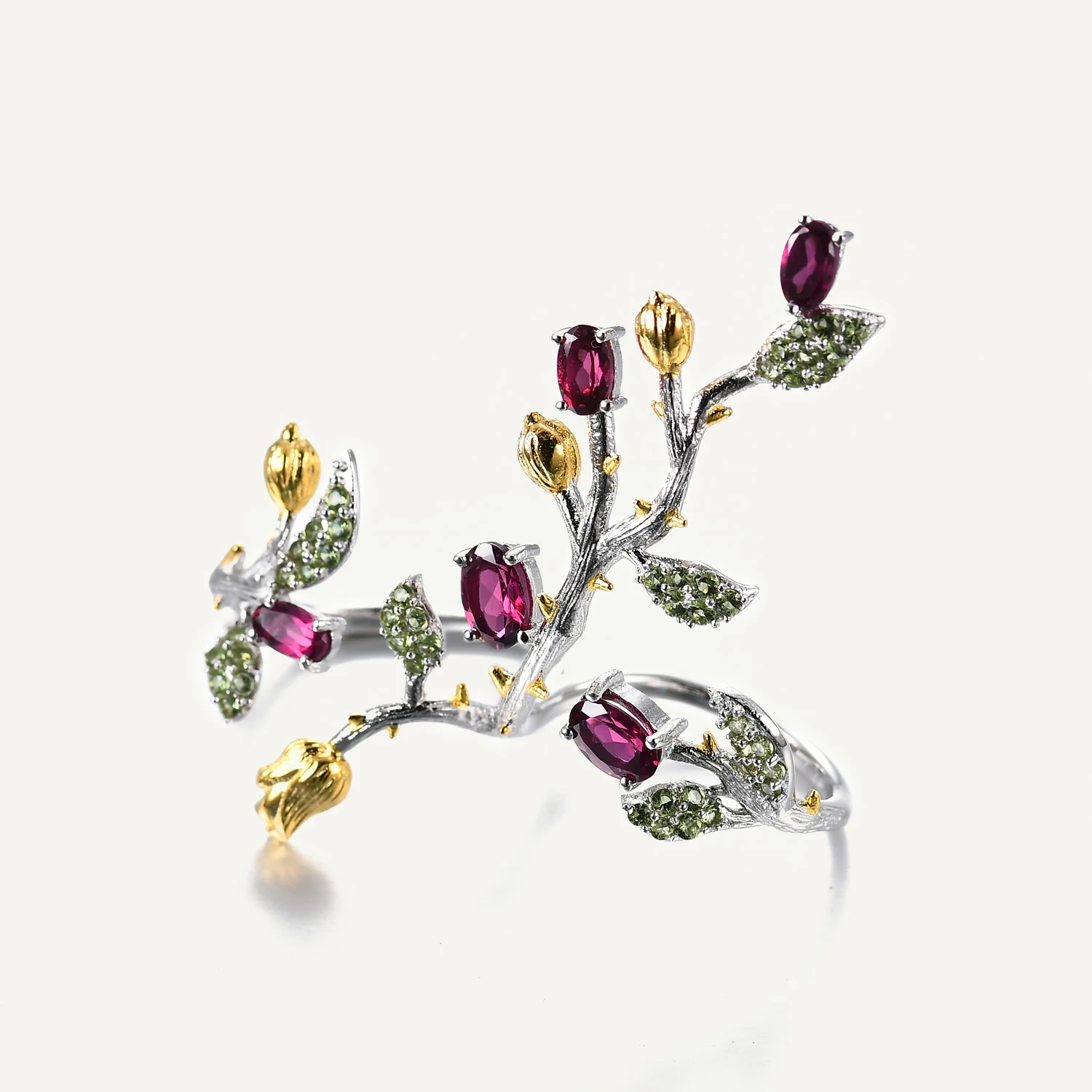 

GEM'S BALLET 925 Sterling Silver Adjustable Ring Natural Rhodolite Garnet Branch Flower Tree Double Finger Rings for Women Party