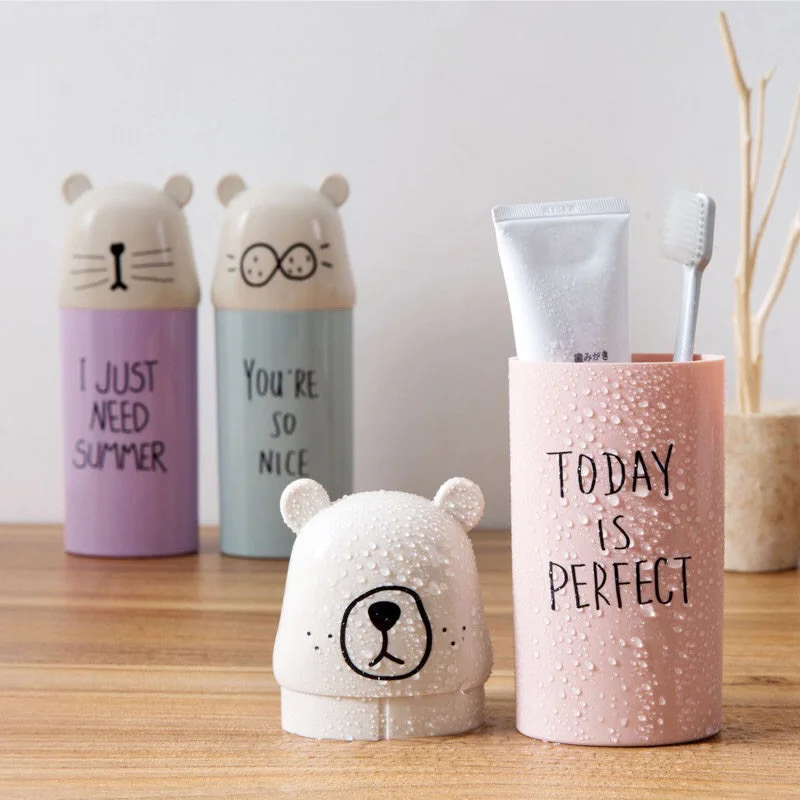 Wash Cup Travel Portable Cartoon Bear Couple Toothbrush Organizer Mouth Cup Tooth Brush Storage Box Bathroom Organizer