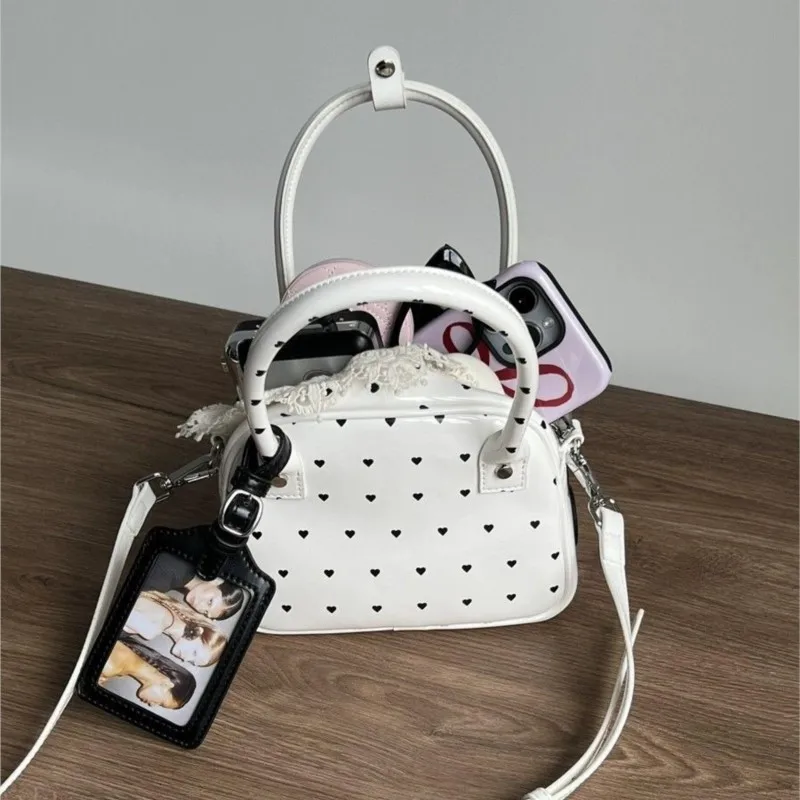 Hot Girl Harajuku Style Heart White Handbag Women Polka Dot Leather Shoulder Bags Ladies High End Sweet Cool Y2k Crossbody Bag