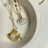 Ensemble de 2 pièces de bijoux pour femmes, style Boho, couleur or, coquille Marine, pendentif étoile de mer, chaîne de perles, multicouche, pliable 3