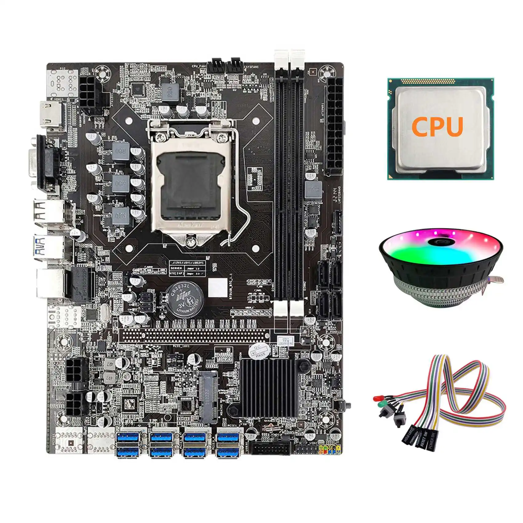 

B75 ETH Mining Motherboard 8XPCIE to USB+Random CPU+Dual Switch Cable with Light+RGB Fan LGA1155 B75 Miner Motherboard